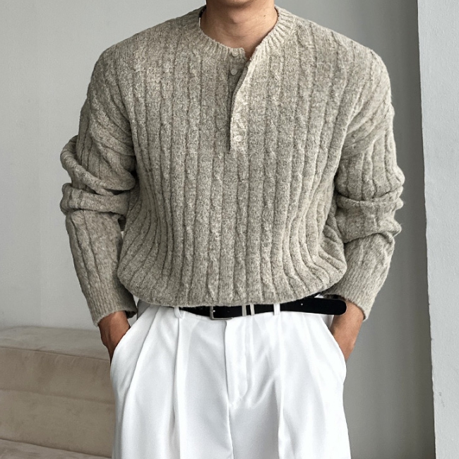 남자 튼리 오버핏 봄 가을 케이블 꽈배기 헨리넥 긴팔 니트 이미지 8