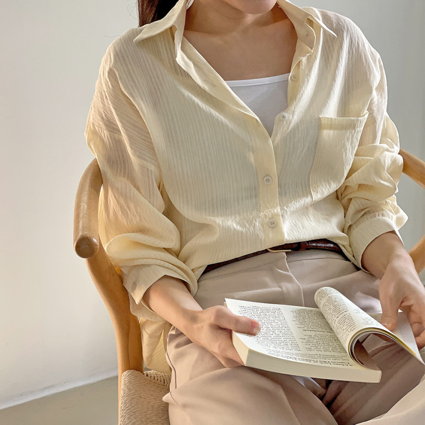 오버핏 여성 스트라이프 셔츠 시스루 긴팔 남방 핑크셔츠