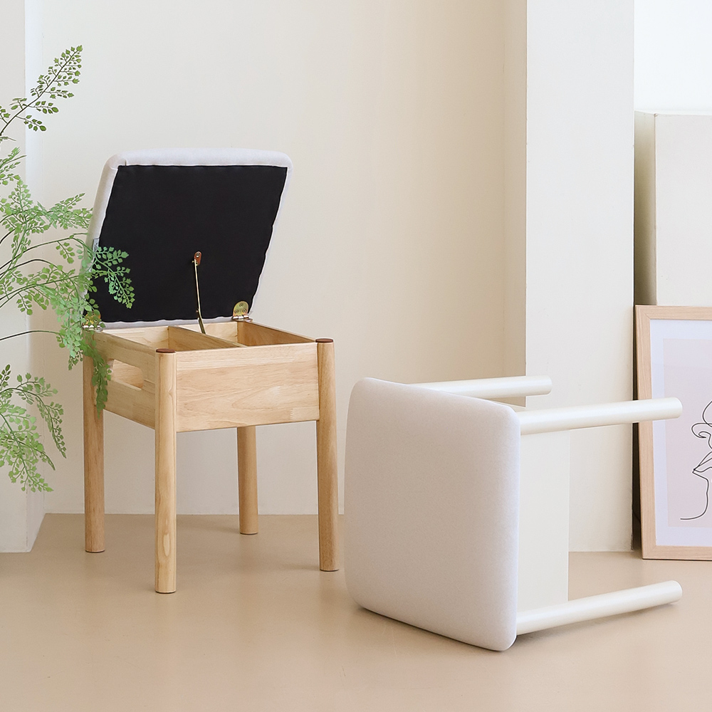 우디브 스페이스 수납 스툴의자 화장대의자 고무나무 내추럴 원목스툴