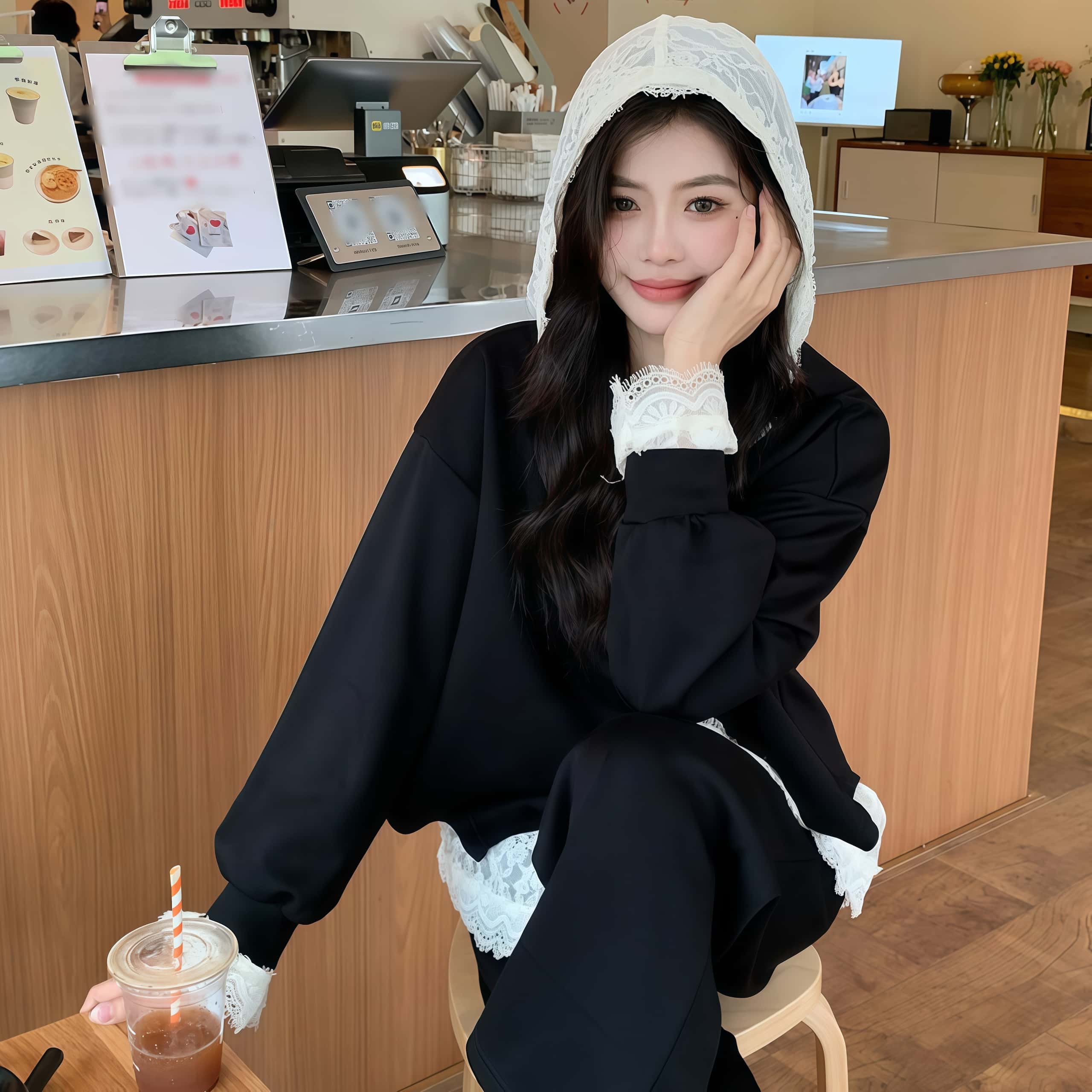 레이스 캐주얼 바지 3종세트 빅사이즈 레이어드 트임 맨투맨 슬랙스 쓰리피스 - 상세 이미지 5