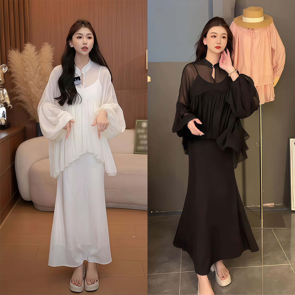 머메이드 원피스세트 여성 봄여름 시스루 블라우스 나시원피스 투피스세트 - 상품 이미지