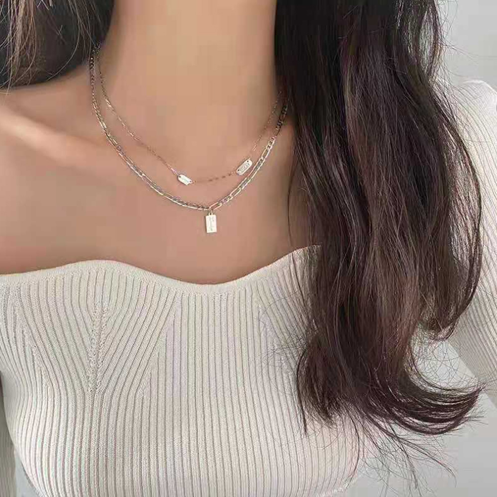 레이어드 체인 목걸이 하트 체인 두줄 펜던트 뱀줄 메달 펜던트 티타늄 써지컬 스틸 사슬 - 상세 이미지 5