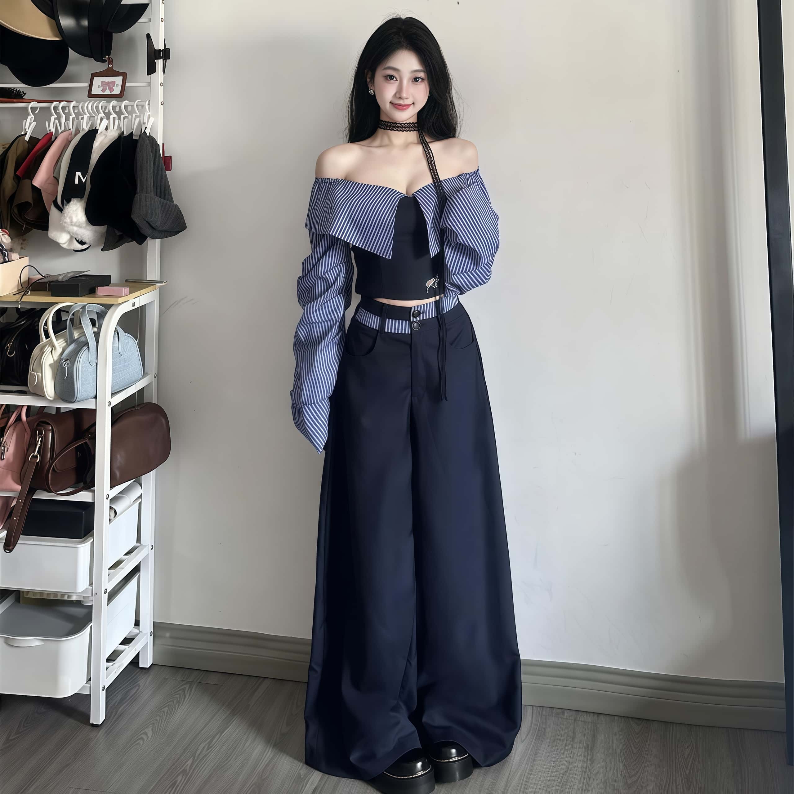 여성 체크 상하의 투피스 오프숄더 빅사이즈 긴팔 티셔츠 하이웨스트 와이디팬츠 투피스세트 - 상세 이미지 3