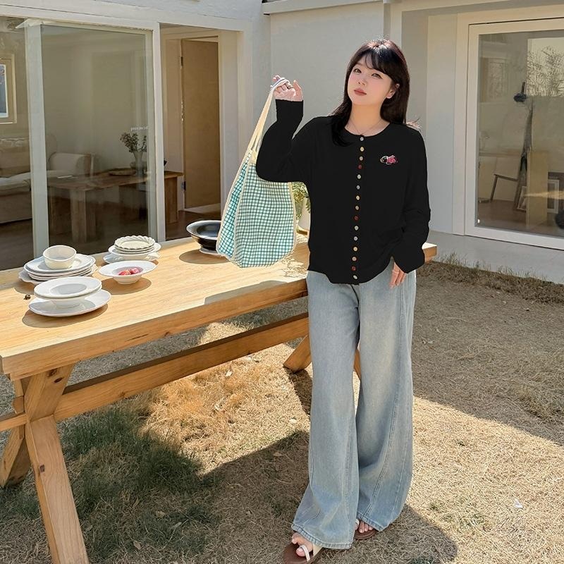 봄 여성 빅사이즈 카툰 패치 컬러 단추 니트 가디건 블랙 XL - 상세 이미지 4