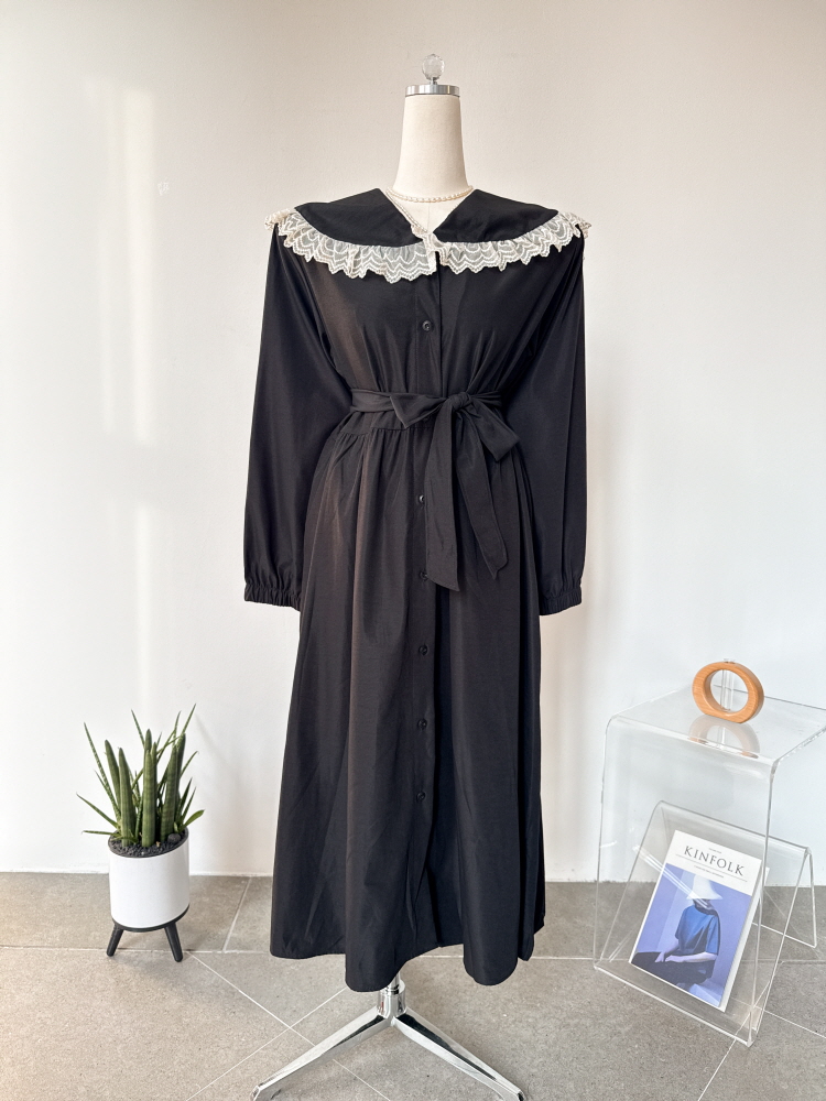 오버핏 레이스 세일러 카라 퍼프 벨트 롱원피스 - 상품 이미지