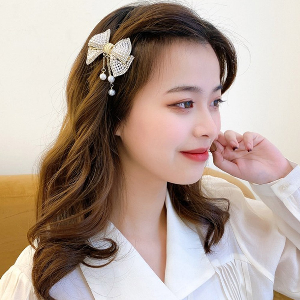 진주 미니 자동핀 똑딱핀 큐빅 드롭 리본 옆머리핀 반묶음 명품 앞머리삔 단발머리 - 상품 이미지