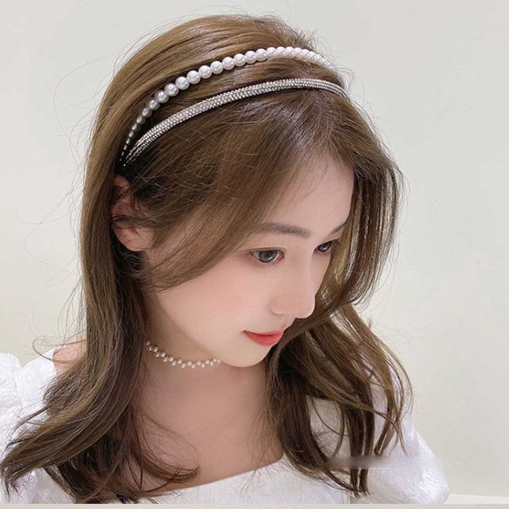 두줄 진주 큐빅 머리띠 보석 헤어밴드 여성머리띠 보석 셀프웨딩 헤어장식 - 상세 이미지 2