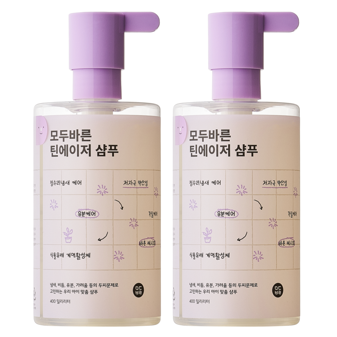 모두바른 청소년 비듬 샴푸 400mlx2 사춘기 두피가려움 머리냄새 샴푸 - 상품 이미지