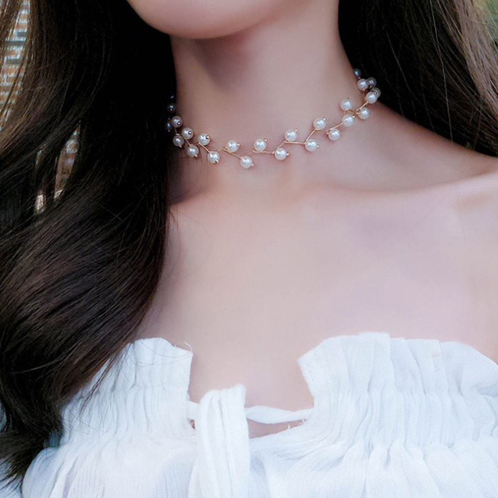 진주 초커 목걸이 진주잎 포인트 짧은 여자 목걸이 여성쵸커 - 상세 이미지 3