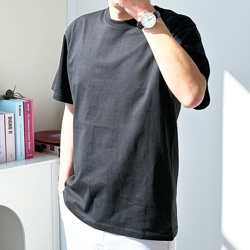 남자 오버핏 반팔티 레이어드 티셔츠 여름 무지 면티 흰티 라운드 - 상세 이미지 5