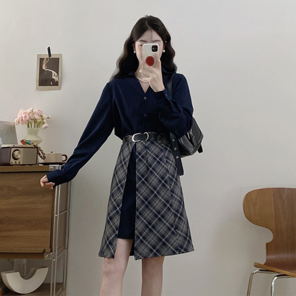 빅사이즈 여성롱원피스 봄 체크 슬림핏 레이어드룩 벨트 셔츠원피스 - 상세 이미지 3