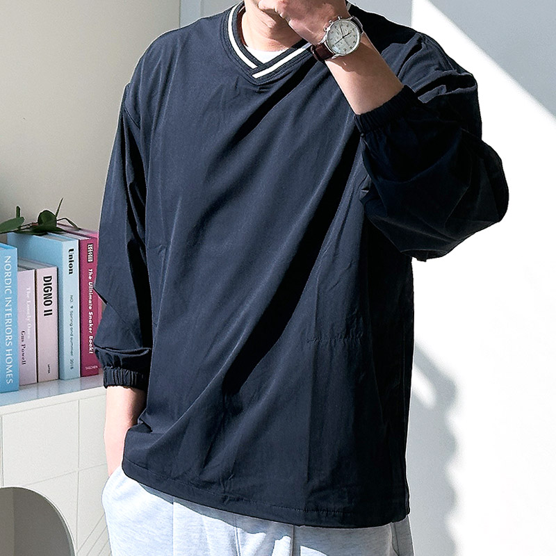 남자 나일론맨투맨 바람막이맨투맨 V넥 우븐 티셔츠 - 상세 이미지 2