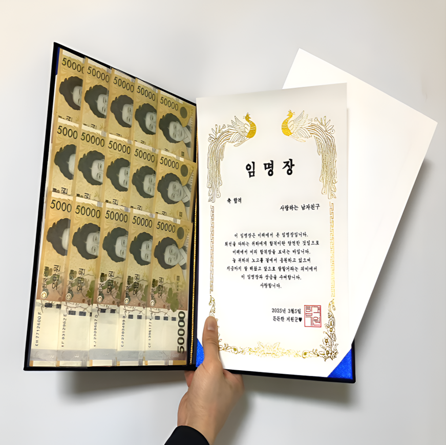 취업축하선물 퇴사선물 합격기원 수험생 시험응원 현금 용돈 선물 임명장 제작 상장만들기 - 상품 이미지