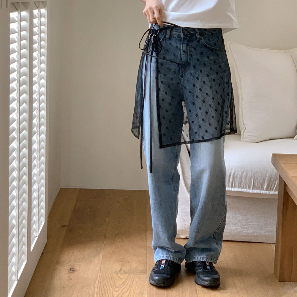 레이어드랩스커트 오간자 리본 플레어치마 아이보리 블랙 이미지 7