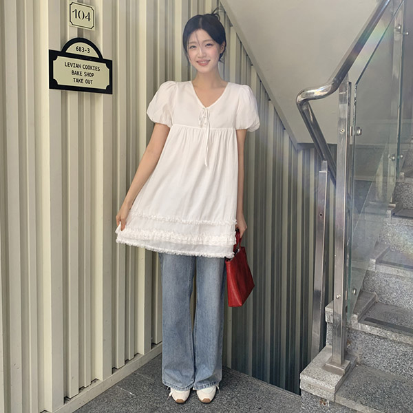(프렌치 감성) 세루아 코튼 브이넥 레이스 플레어 미니 원피스 op15950 - 상품 이미지