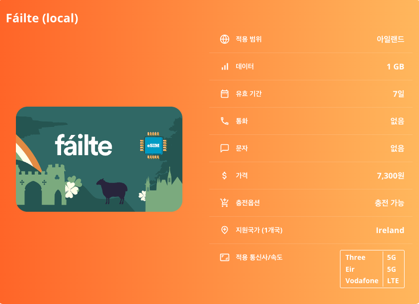 아일랜드 로컬망 이심 eSIM Three, Eir, Vodafone 5G 더블린 코크 골웨이 리머릭 자이언트 코즈웨이 모허절벽 킬라니 국립공원 이심통 - 상세 이미지 5