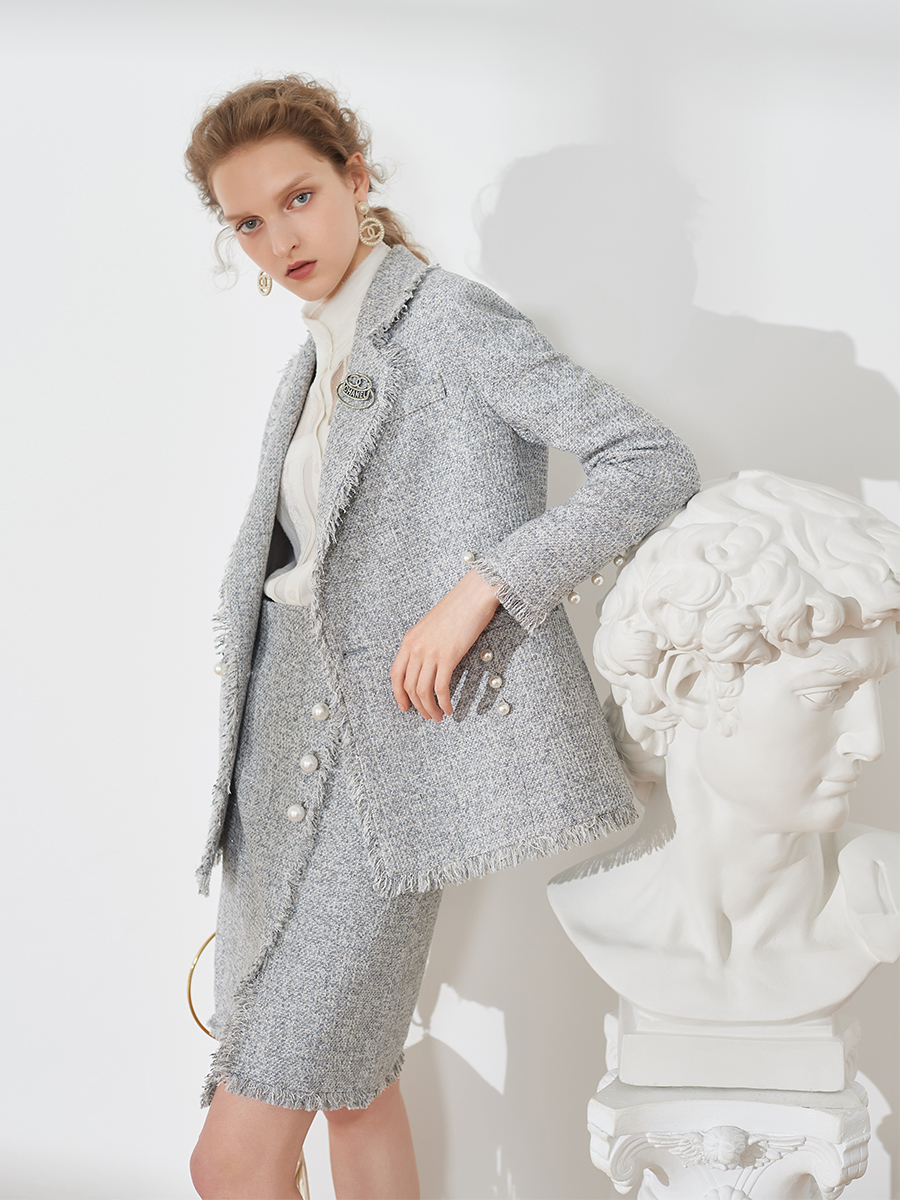 럭셔리 진주 트위드 재킷 스커트 투피스 그레이 슈트 셋업