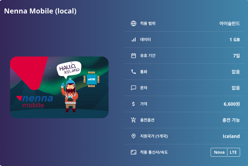 아이슬란드 로컬망 이심 eSIM Nova LTE 레이캬비크 아쿠레이리 후사비크 비크 블루라군 골든 서클 요쿨살론 빙하 호수 스나이펠스네스 반도 오로라 이심통 - 상세 이미지 5