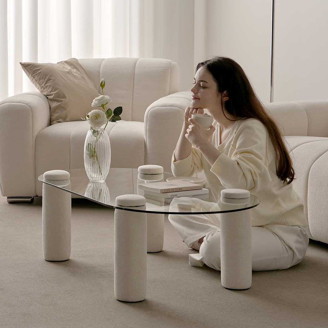 [슬레코폼] LIFE 01 원형 강화유리 부클레 패브릭 소파테이블 1000