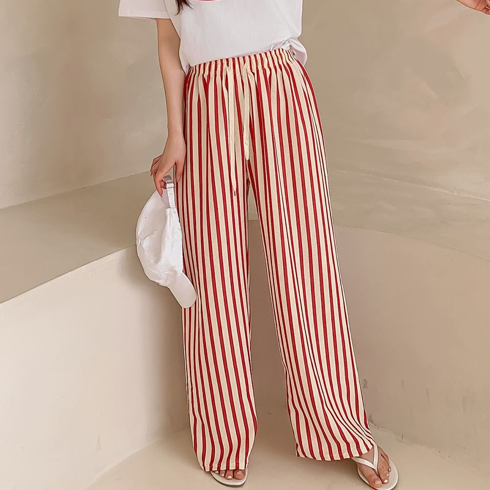 여성 세로 스트라이프 바지 밴딩 고무줄 팬츠 봄 여름 잠옷 파자마 - 상세 이미지 2