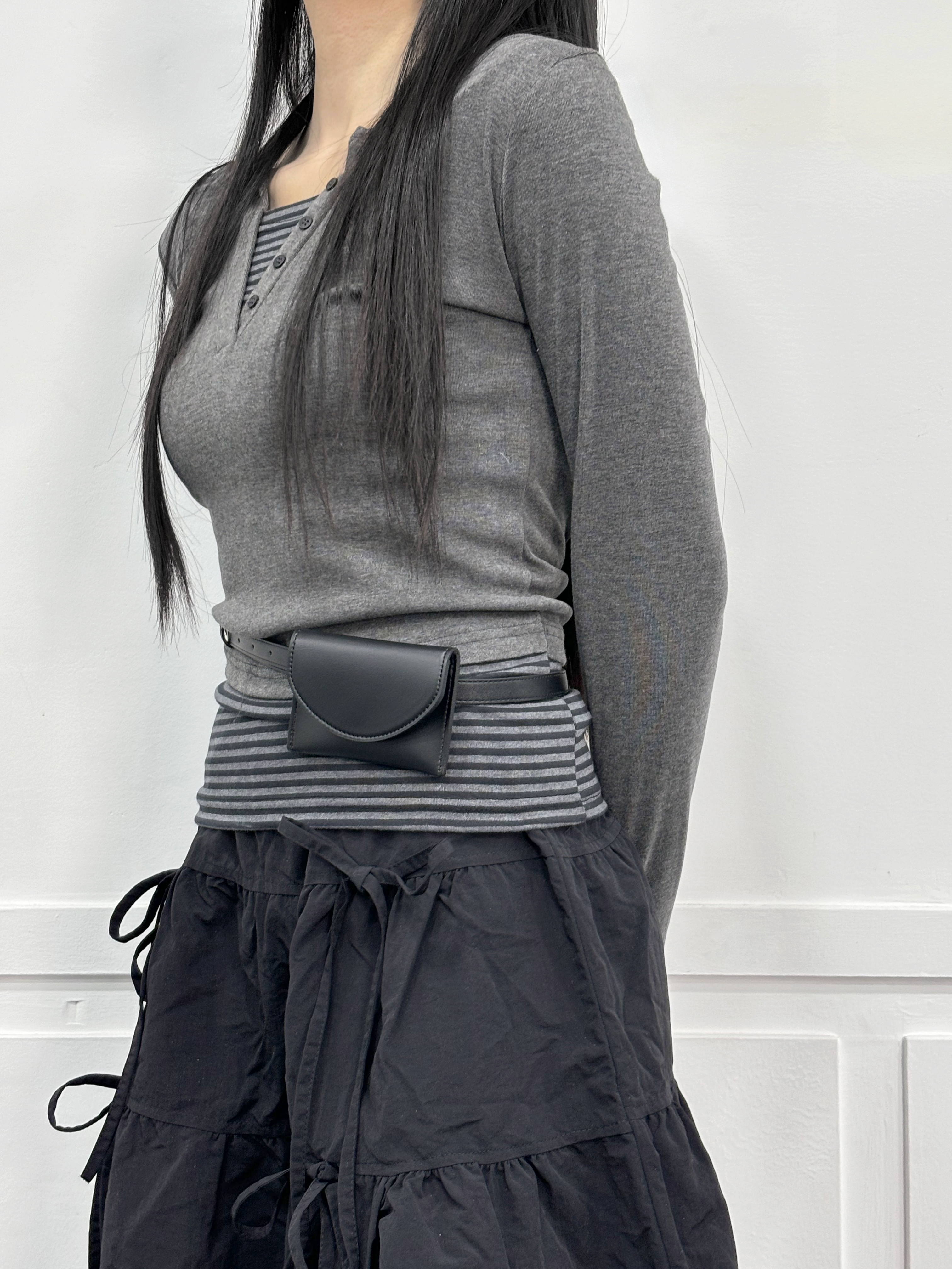 스트라이프레이어드 단가라 일체형 레이어드 슬림 긴팔 티 티셔츠 - 상세 이미지 3