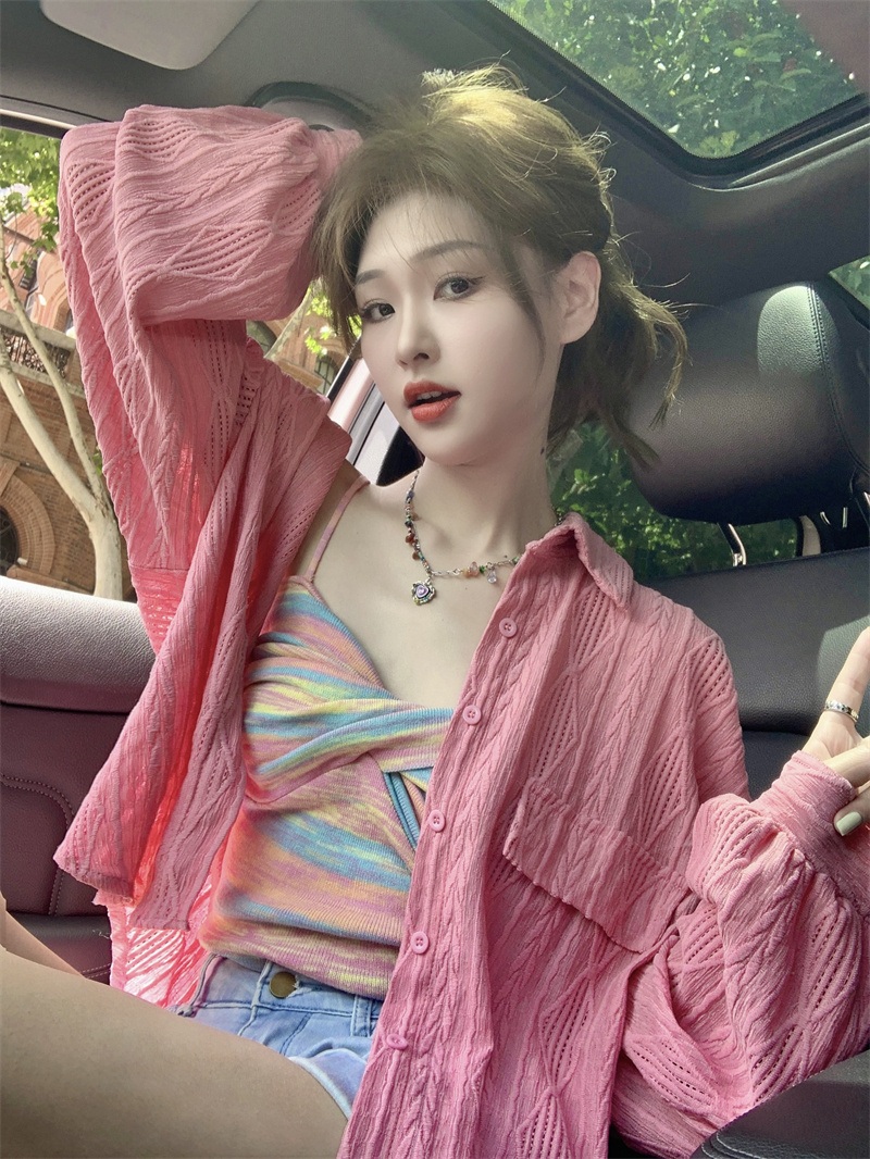 시스루 얇은 체크셔츠 블라우스 여행 자외선차단 루즈핏 나시커버 봄 가을 화이트 핑크 3컬러 - 상세 이미지 3