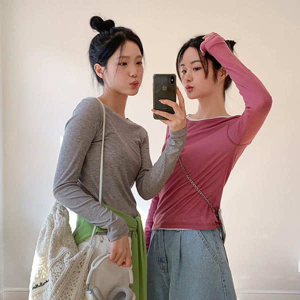 노아린 세미 슬림핏 텐셀 레이어드 긴팔 티셔츠 ts4367 - 상품 이미지