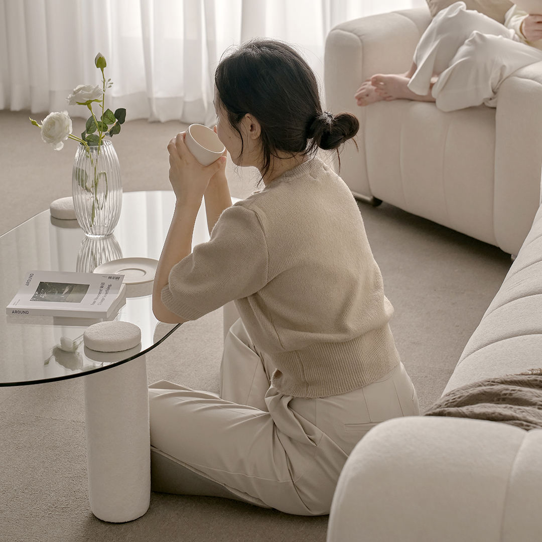 [슬레코폼] LIFE 01 원형 강화유리 부클레 패브릭 소파테이블 1000