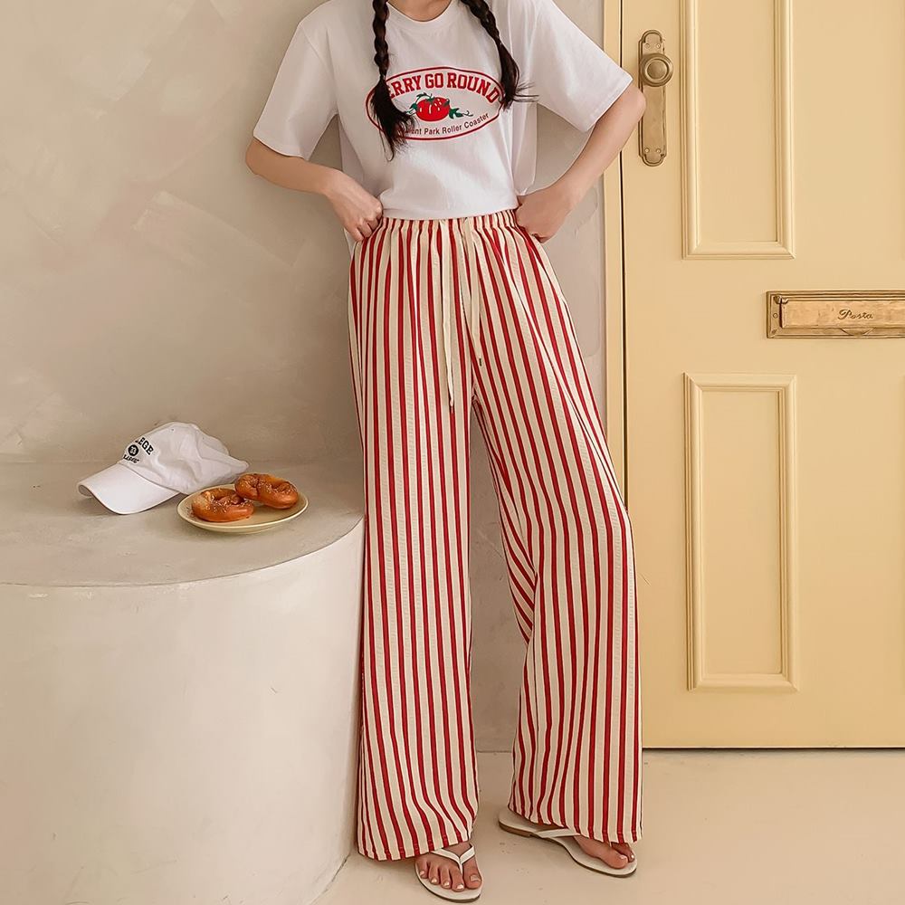 여성 세로 스트라이프 바지 밴딩 고무줄 팬츠 봄 여름 잠옷 파자마 - 상품 이미지