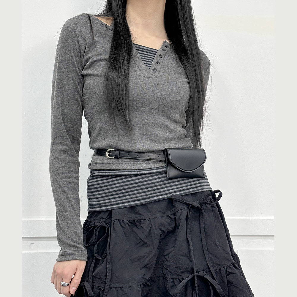 스트라이프레이어드 단가라 일체형 레이어드 슬림 긴팔 티 티셔츠 - 상품 이미지
