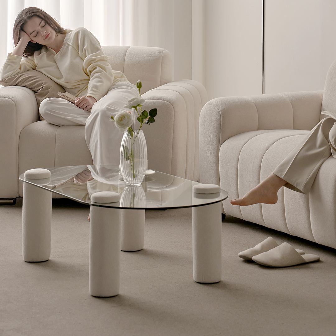 [슬레코폼] LIFE 01 원형 강화유리 부클레 패브릭 소파테이블 1000