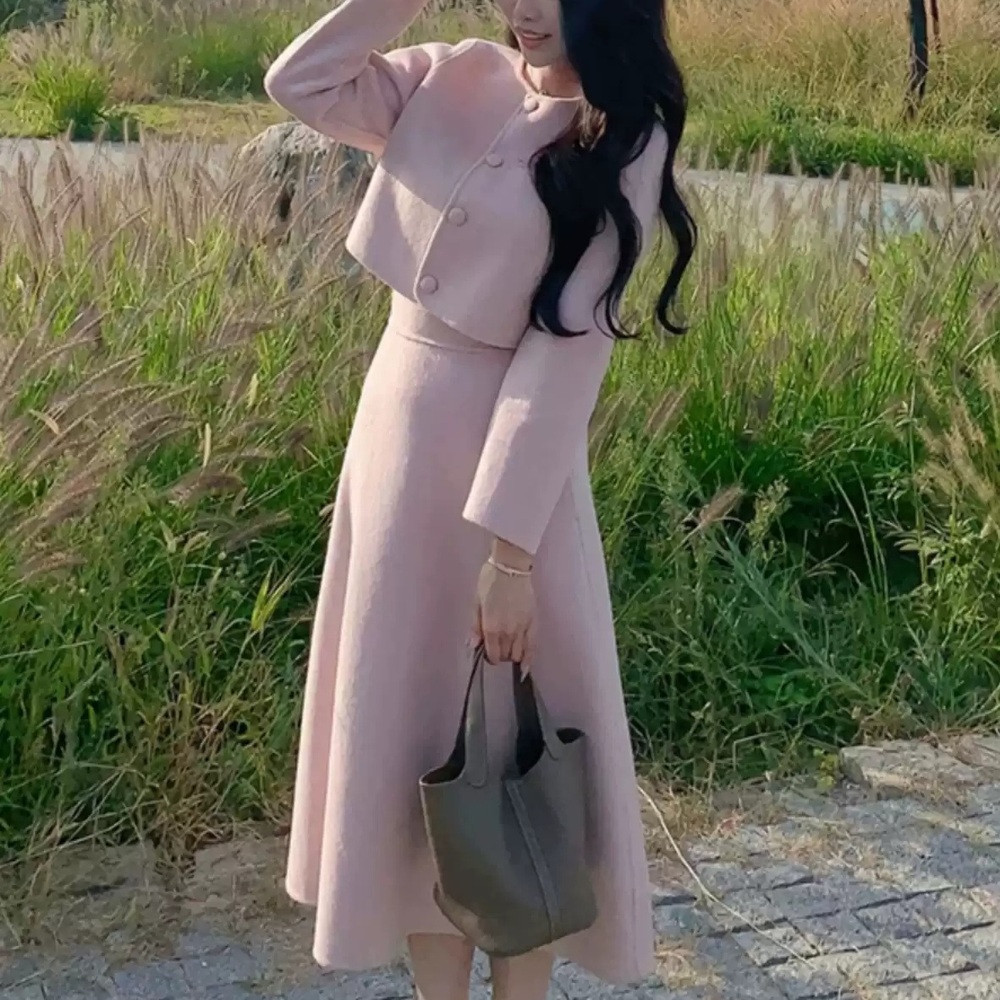 핑크색 모직자켓 롱스커트세트 투피스 고급 하객룩 돌잔치 분위기 데이트 봄 가을 정장 - 상세 이미지 4