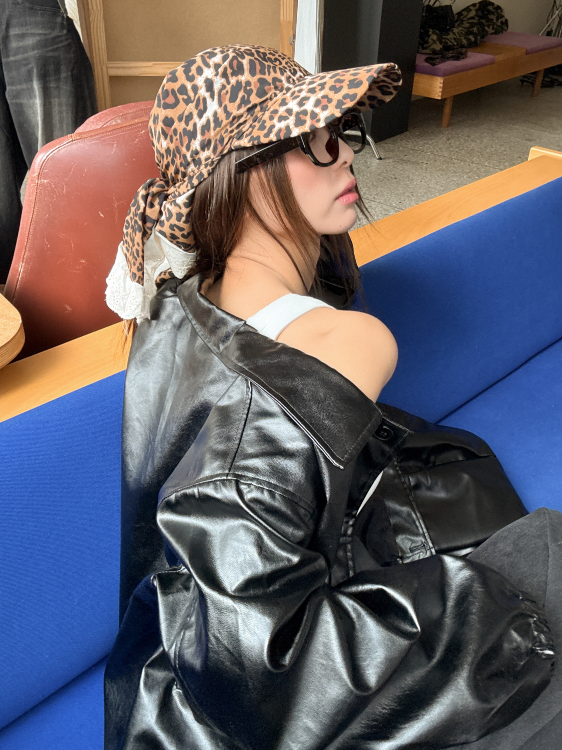 [유행템!] 레이스 레오파드 패턴 호피 두건 스카프 자외선차단 캡 모자 상세 이미지 8