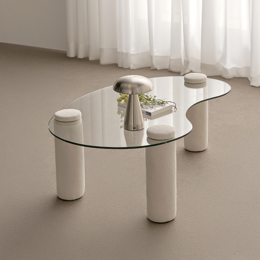 슬레코폼 LIFE 01 비정형 강화유리 부클레 패브릭 소파테이블 1000/블랙/아이보리