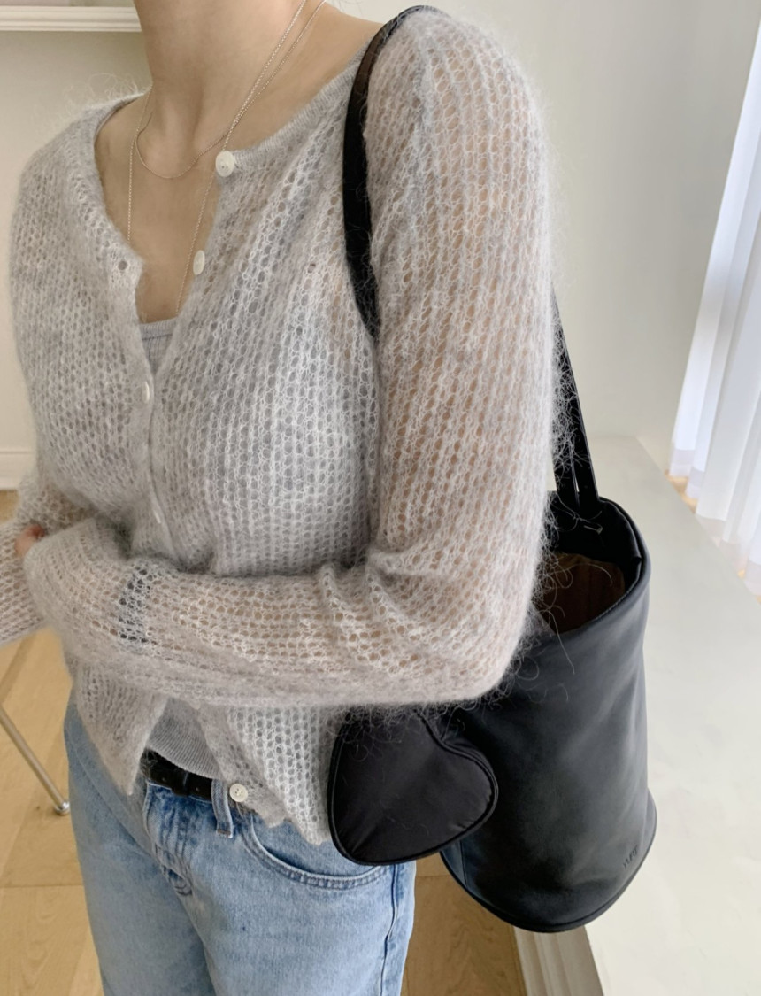 여자 간절기 가을 솜사탕 모헤어 시스루 니트 가디건 여리핏 결혼하객룩 데일리 - 상세 이미지 2