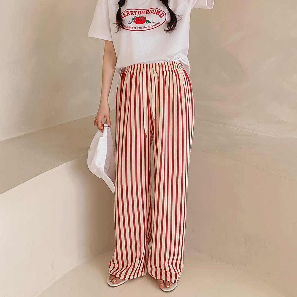 여성 세로 스트라이프 바지 밴딩 고무줄 팬츠 봄 여름 잠옷 파자마 - 상세 이미지 3