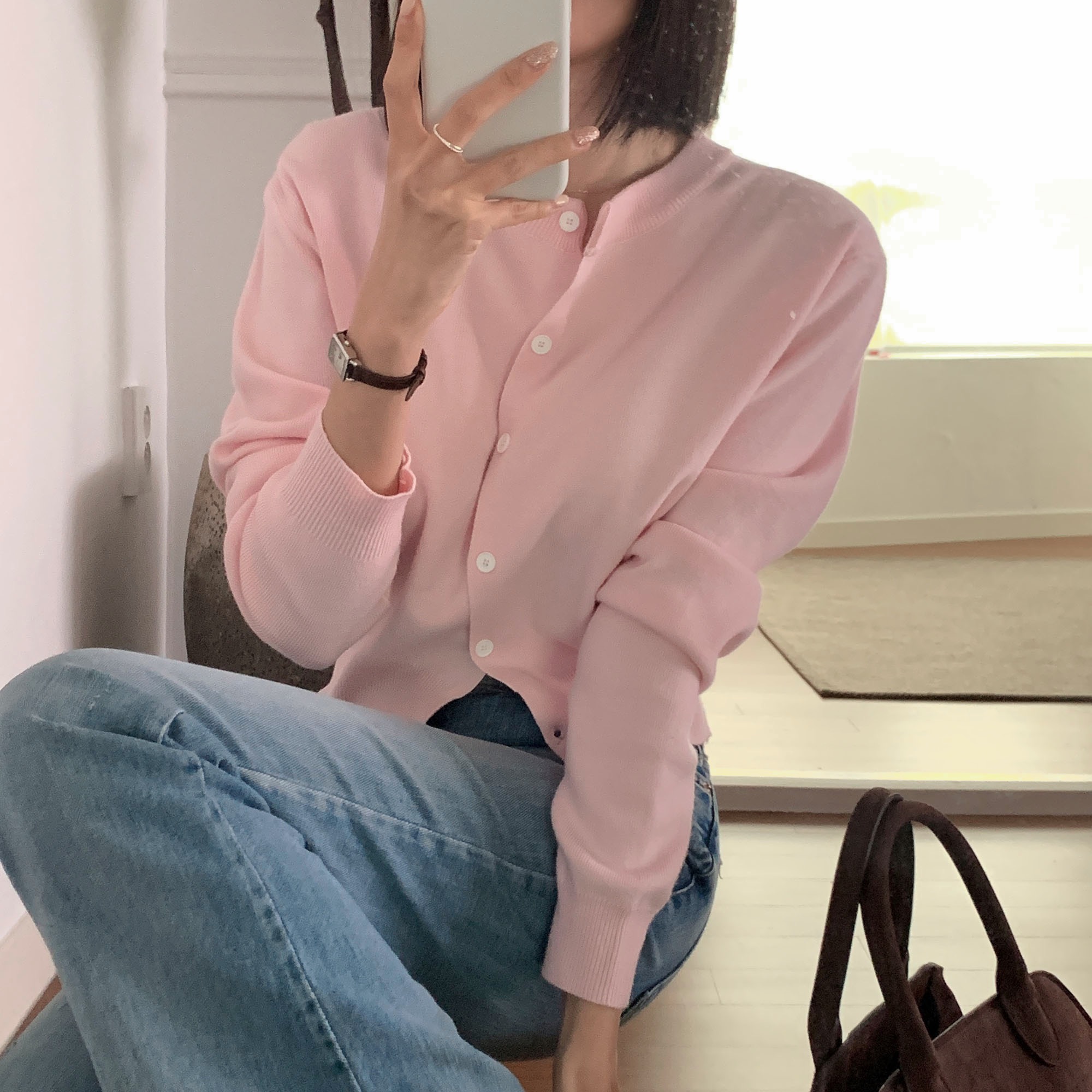 [원단굿/6컬러]포유 실버로고 라운드넥 가디건 상세 이미지 21