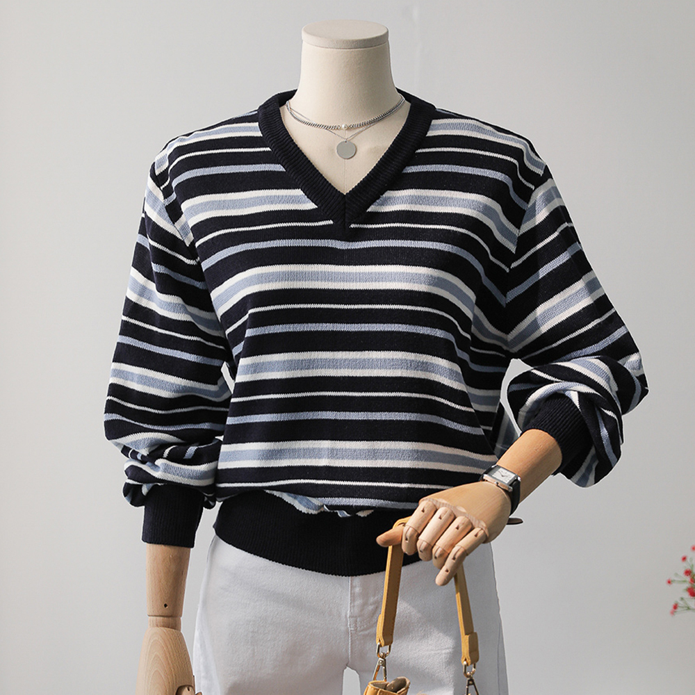 코티드 소프트 탄탄 봄 가을 멀티 배색 브이넥 스트라이프 니트 제품 이미지