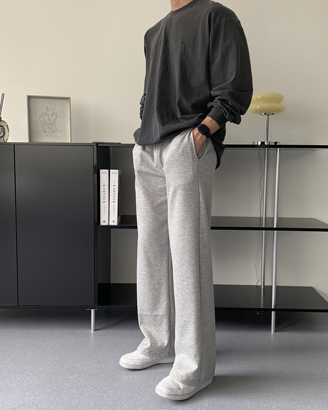 (1+1할인) 기장수선 필요없는 밴딩 와이드 롱 트레이닝팬츠 츄리닝 바지 커플룩 상세 이미지 16