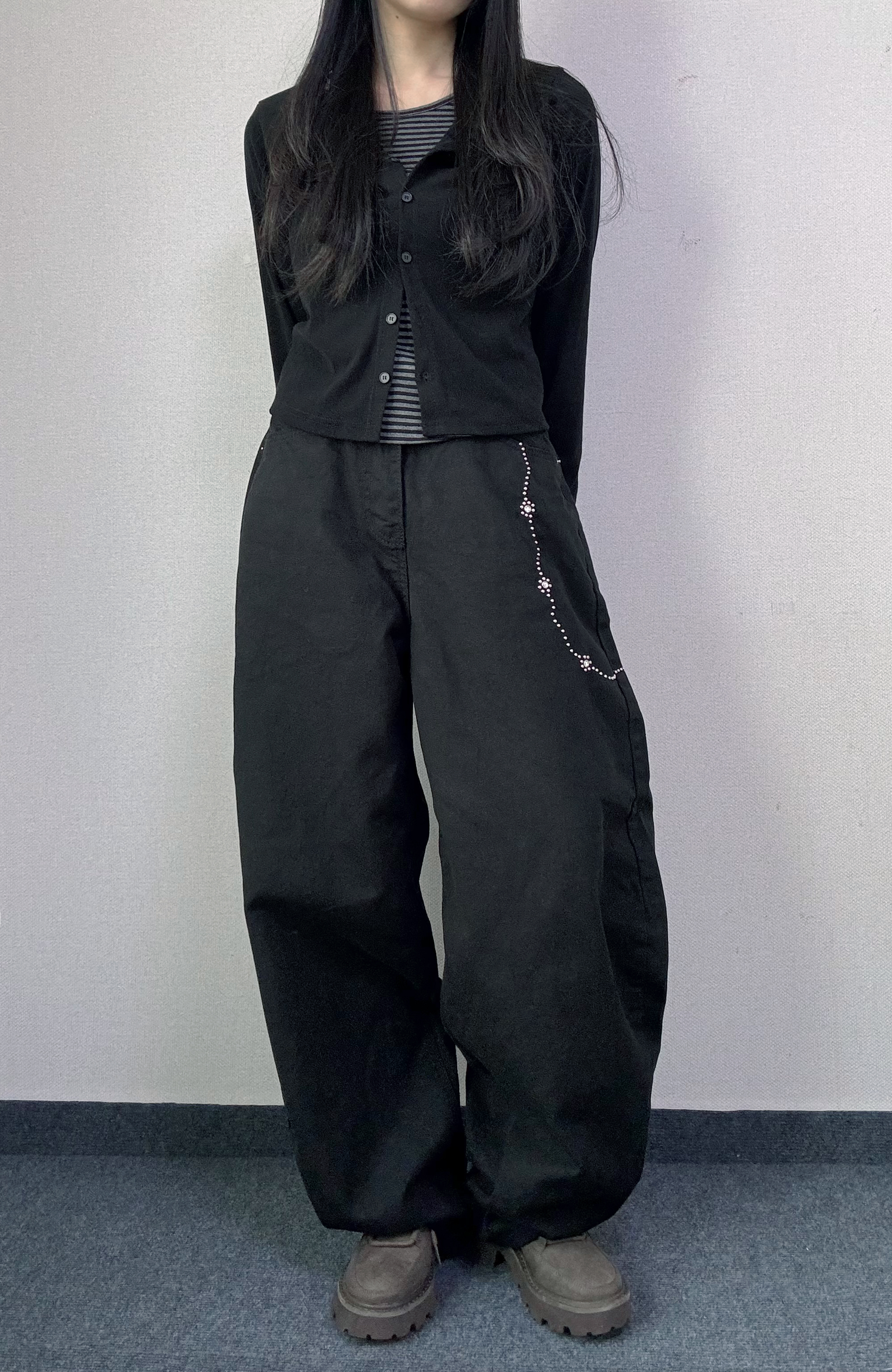 스터드팬츠 롱 블랙 검정 와이드 코튼 면 팬츠 바지 여성 여자 [3사이즈] - 상세 이미지 4