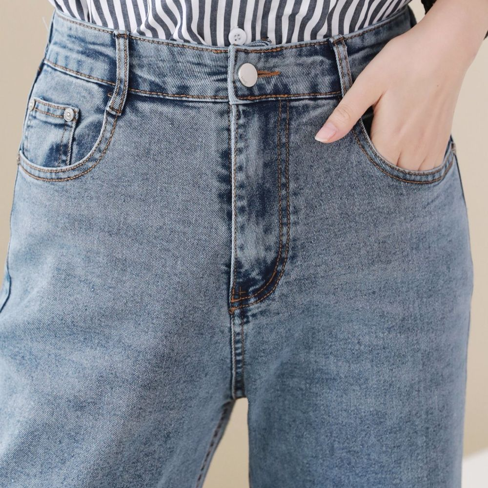 뒷밴딩돌청통와이드청바지 바이오샌드워싱청스판지퍼통데님팬츠 - 상세 이미지 4