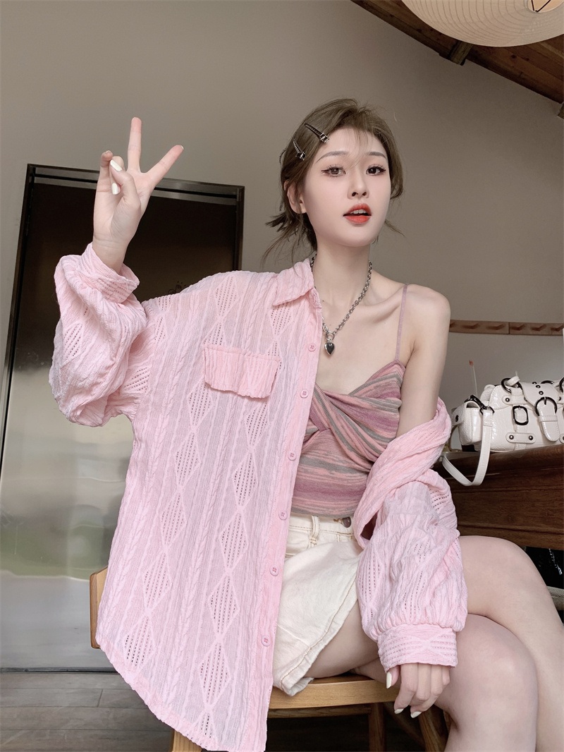 시스루 얇은 체크셔츠 블라우스 여행 자외선차단 루즈핏 나시커버 봄 가을 화이트 핑크 3컬러 - 상세 이미지 4
