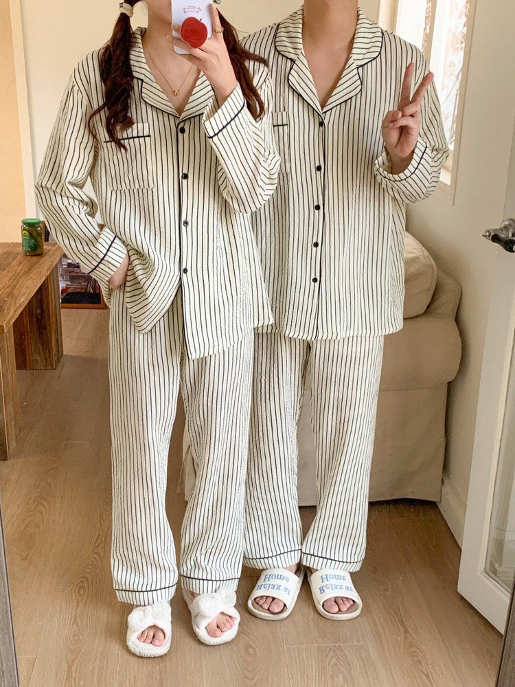 레이 요루면 면 잠옷 파자마 긴팔 세트 커플잠옷 - 상세 이미지 4