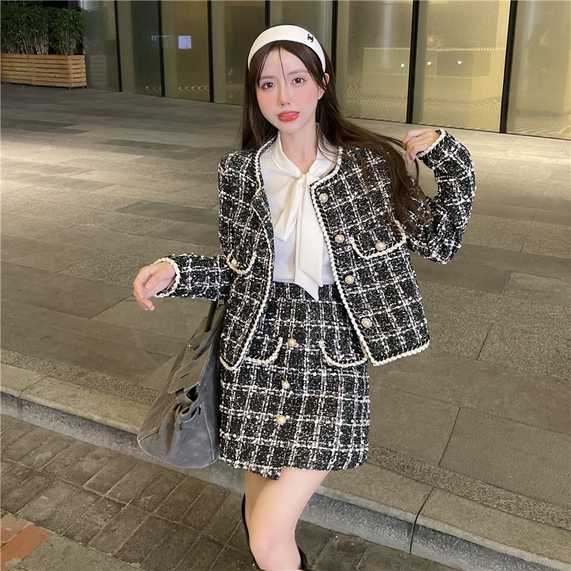 여성 봄 가을 트위드 정장 세트 재킷 스커트 불규칙 숏 결혼식 하객룩 데이트룩 - 상세 이미지 5