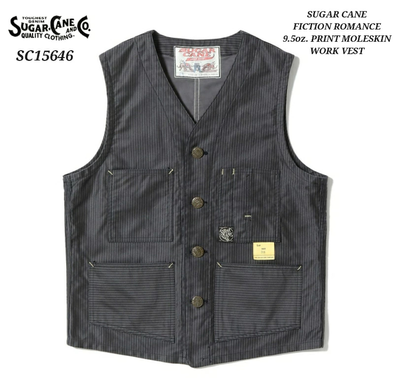 슈가케인 SUGAR CANE 9.5oz 프린트 몰스킨 워크 조끼 베스트 SC15646 - 메인 이미지