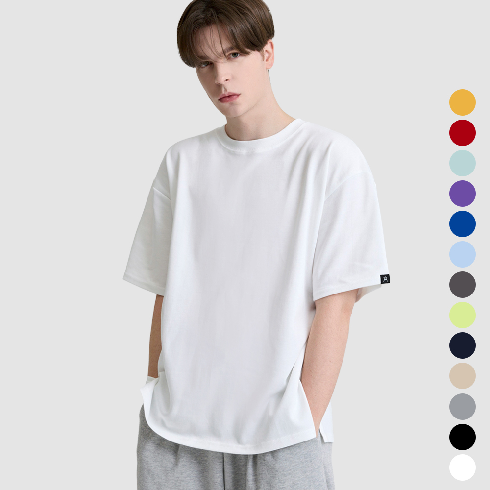포인트라벨 오버핏 반팔 티셔츠 13color 면 흰티 무지 이미지 2