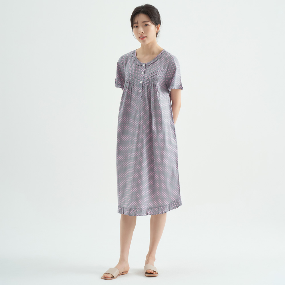 퍼플핑크도트 순면 여성 반팔 빅사이즈 원피스 잠옷 - 상세 이미지 4