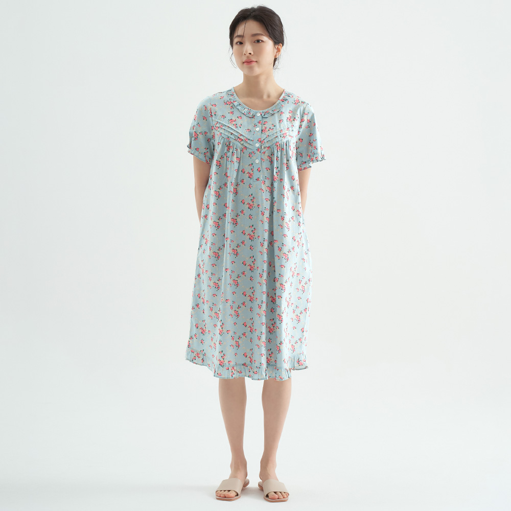 연한민트꽃 순면 여성 반팔 빅사이즈 원피스 잠옷 - 상세 이미지 2