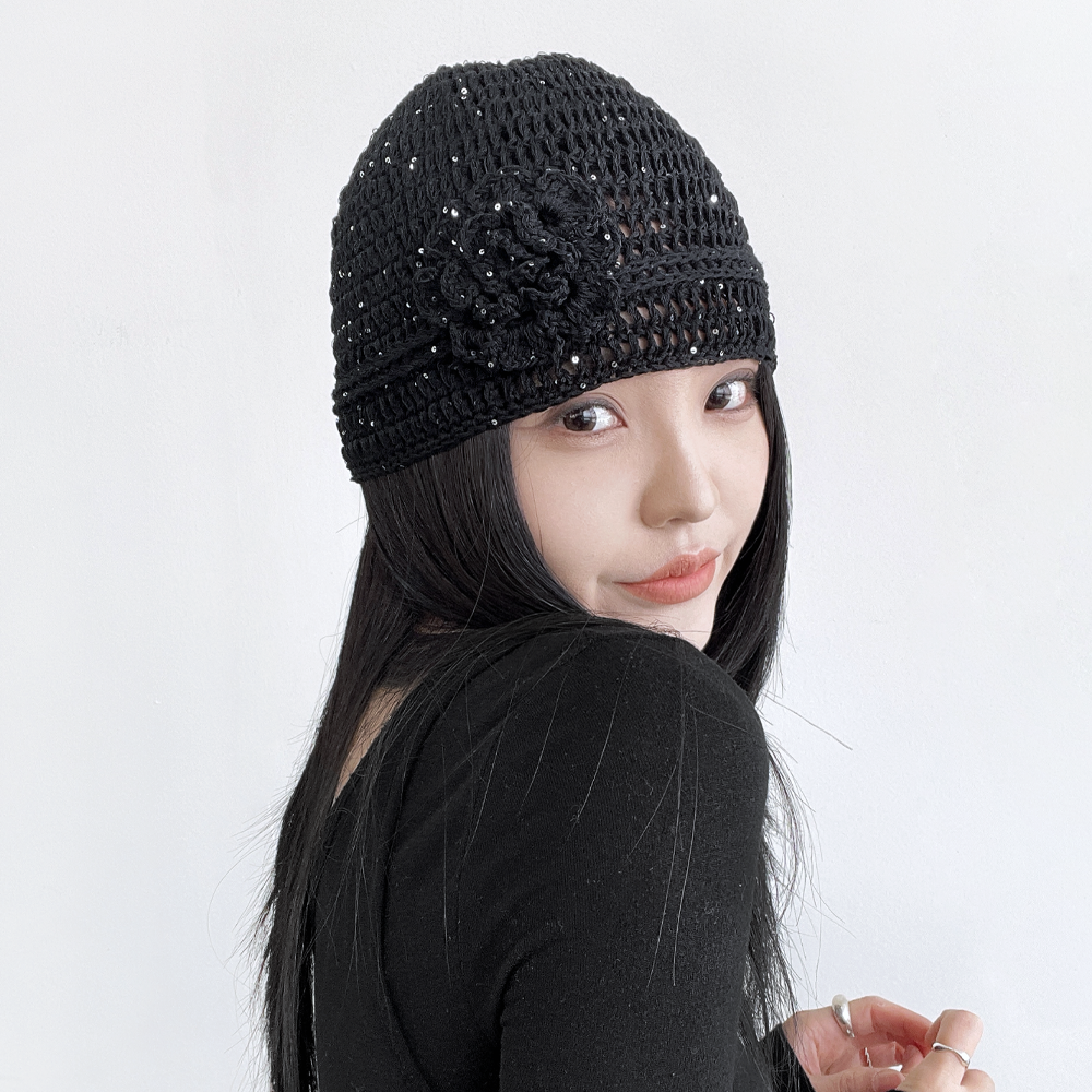 시퀸 크로셰 꽃 플라워 뜨개 봄 여름 니트 숏 비니