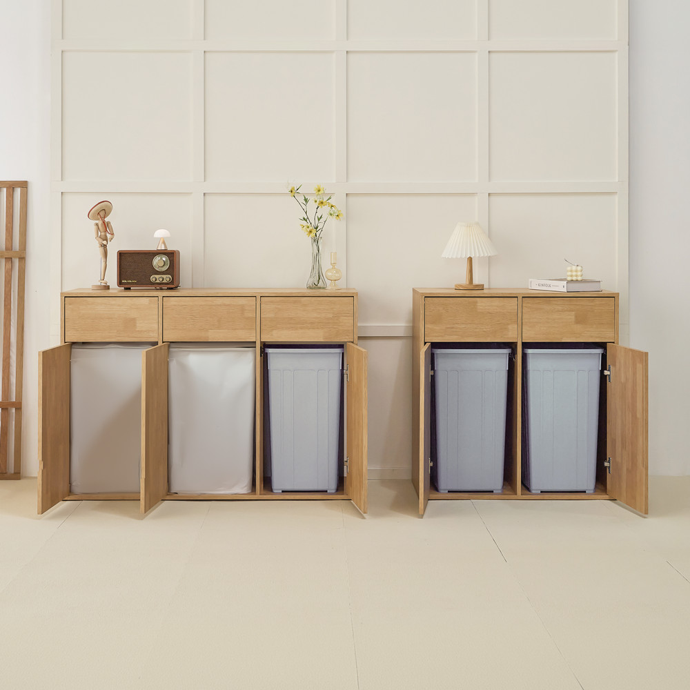 탕비실 정수기 커피머신 받침대 분리수거장 휴지통 1152x400x800mm, 3단, 우드 - 상세 이미지 4